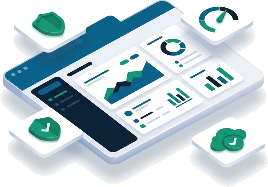 An illustration of a website dashboard surrounded by security, speed, and backup icons