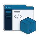 Build, a browser window with code and a package