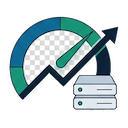 Optimize, a speedometer with an upward trend and a server