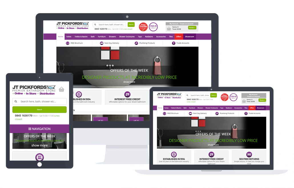 JT Pickfords premium bathroomware e-commerce website
